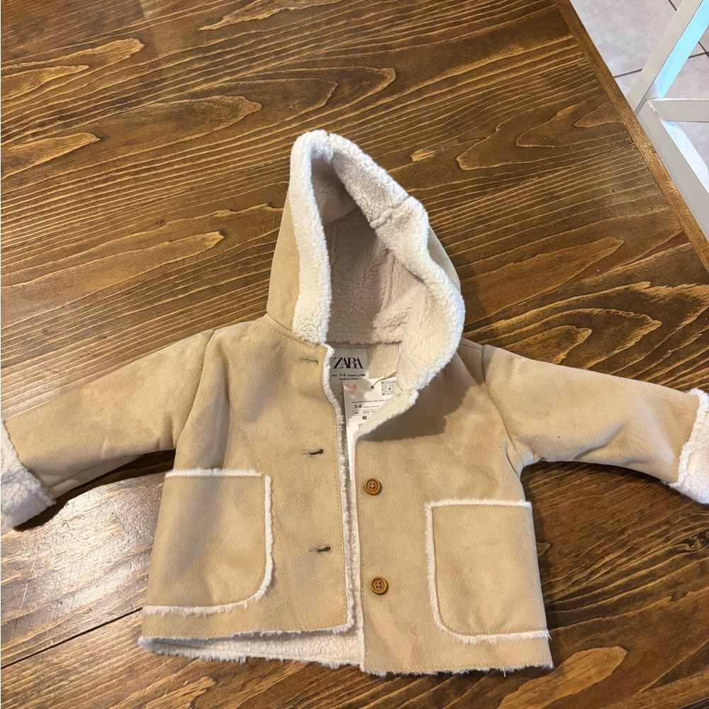 Zara Tan double faced Hooded jacket with faux shearling